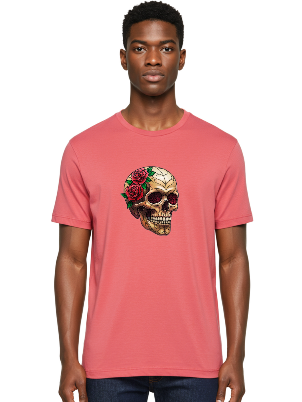 Skull-With-Roses-4 Men'S Graphic Tee, 100% Cotton, Comfortable Casual Summer Wear, Machine Washable, Human Skull, Sugar Skull, Red Roses, Floral Design, Stained Glass Effect, Gothic Style, Tattoo Art, Rose Eyes, Death And Beauty, Floral Skull Bad617