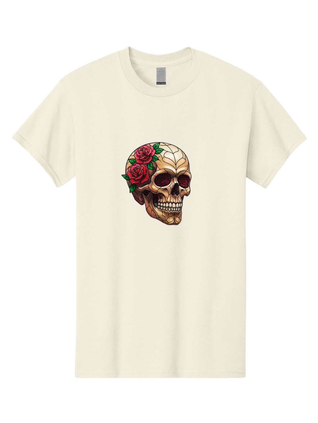 Skull-With-Roses-4 Men'S Graphic Tee, 100% Cotton, Comfortable Casual Summer Wear, Machine Washable, Human Skull, Sugar Skull, Red Roses, Floral Design, Stained Glass Effect, Gothic Style, Tattoo Art, Rose Eyes, Death And Beauty, Floral Skull Bad617