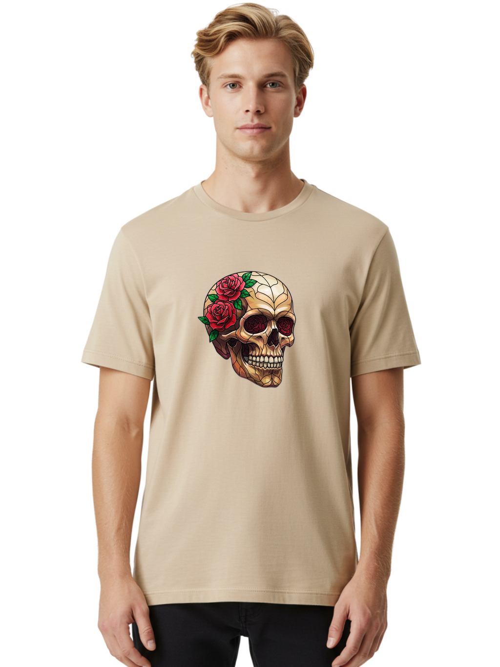 Skull-With-Roses-4 Men'S Graphic Tee, 100% Cotton, Comfortable Casual Summer Wear, Machine Washable, Human Skull, Sugar Skull, Red Roses, Floral Design, Stained Glass Effect, Gothic Style, Tattoo Art, Rose Eyes, Death And Beauty, Floral Skull Bad617