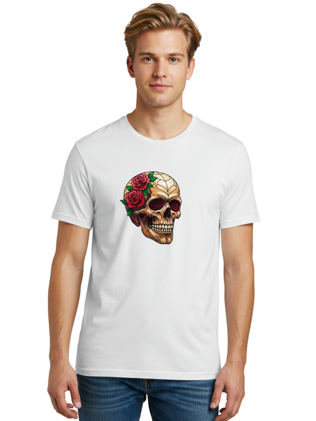 Skull-With-Roses-4 Men'S Graphic Tee, 100% Cotton, Comfortable Casual Summer Wear, Machine Washable, Human Skull, Sugar Skull, Red Roses, Floral Design, Stained Glass Effect, Gothic Style, Tattoo Art, Rose Eyes, Death And Beauty, Floral Skull Bad617