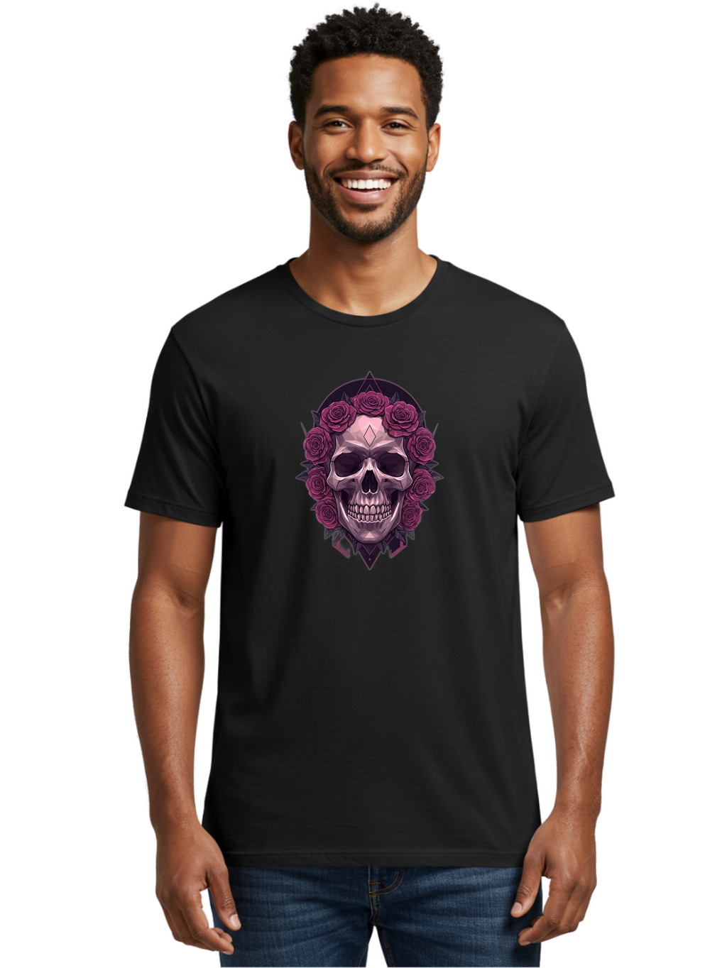 Skull-With-Roses-5 Men'S Graphic Tee, 100% Cotton, Comfortable Casual Summer Wear, Machine Washable, Human Skull, Purple Roses, Diamond-Shaped Gem, Gothic Design, Dark Art, Floral Wreath, Mystical Symbol, Tattoo Art, Grunge Style, Bad618
