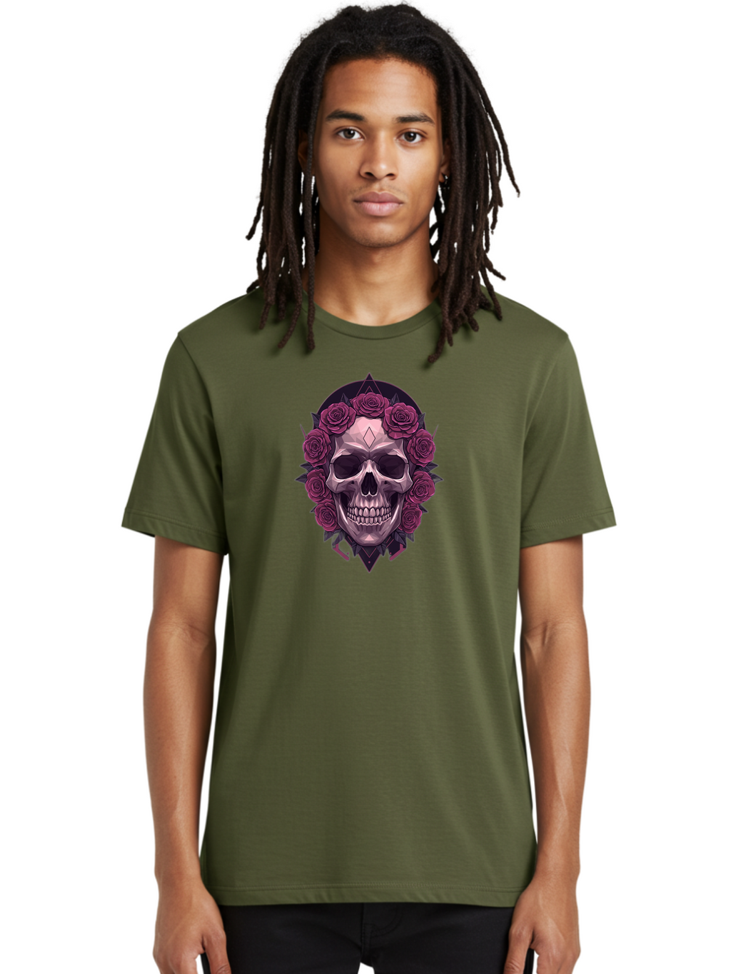 Skull-With-Roses-5 Men'S Graphic Tee, 100% Cotton, Comfortable Casual Summer Wear, Machine Washable, Human Skull, Purple Roses, Diamond-Shaped Gem, Gothic Design, Dark Art, Floral Wreath, Mystical Symbol, Tattoo Art, Grunge Style, Bad618