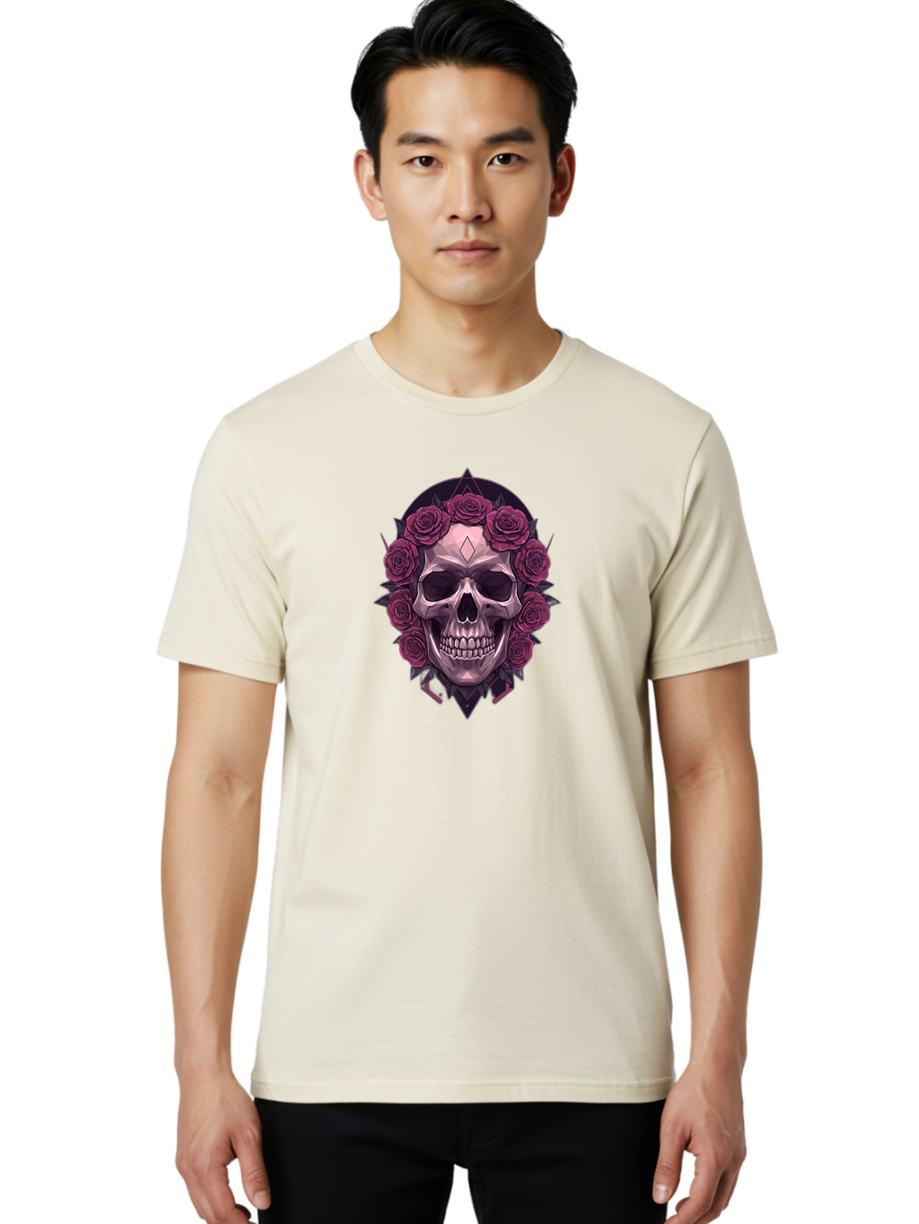 Skull-With-Roses-5 Men'S Graphic Tee, 100% Cotton, Comfortable Casual Summer Wear, Machine Washable, Human Skull, Purple Roses, Diamond-Shaped Gem, Gothic Design, Dark Art, Floral Wreath, Mystical Symbol, Tattoo Art, Grunge Style, Bad618