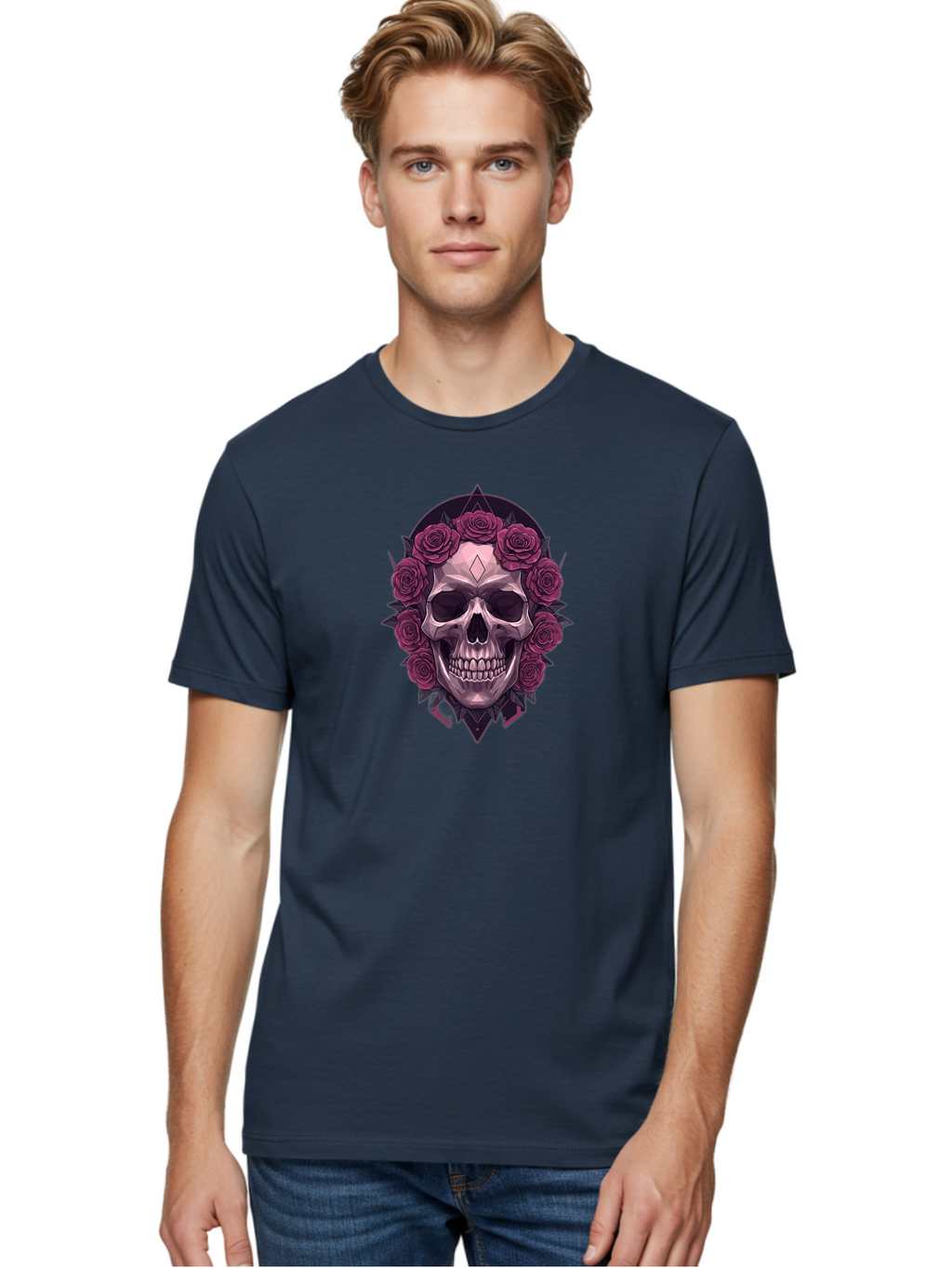 Skull-With-Roses-5 Men'S Graphic Tee, 100% Cotton, Comfortable Casual Summer Wear, Machine Washable, Human Skull, Purple Roses, Diamond-Shaped Gem, Gothic Design, Dark Art, Floral Wreath, Mystical Symbol, Tattoo Art, Grunge Style, Bad618