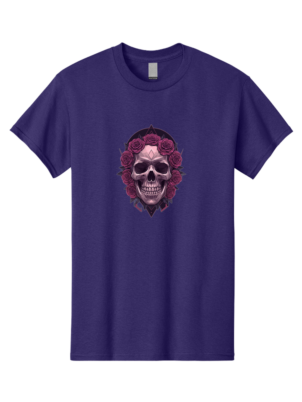 Skull-With-Roses-5 Men'S Graphic Tee, 100% Cotton, Comfortable Casual Summer Wear, Machine Washable, Human Skull, Purple Roses, Diamond-Shaped Gem, Gothic Design, Dark Art, Floral Wreath, Mystical Symbol, Tattoo Art, Grunge Style, Bad618