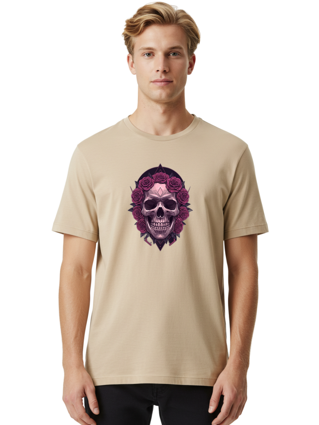 Skull-With-Roses-5 Men'S Graphic Tee, 100% Cotton, Comfortable Casual Summer Wear, Machine Washable, Human Skull, Purple Roses, Diamond-Shaped Gem, Gothic Design, Dark Art, Floral Wreath, Mystical Symbol, Tattoo Art, Grunge Style, Bad618
