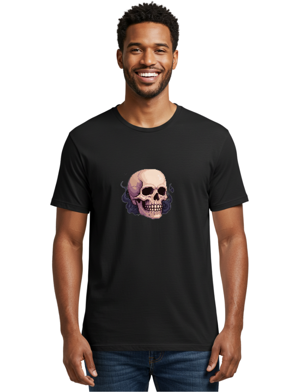 Skull-With-Tentacles Men'S Graphic Tee, 100% Cotton, Comfortable Casual Summer Wear, Machine Washable, Pixel Art Skull, Human Skull, Smoke Effects, Dark Magic, Mysterious, Gothic Style, Spooky Atmosphere, Eerie, Halloween Theme Bad621