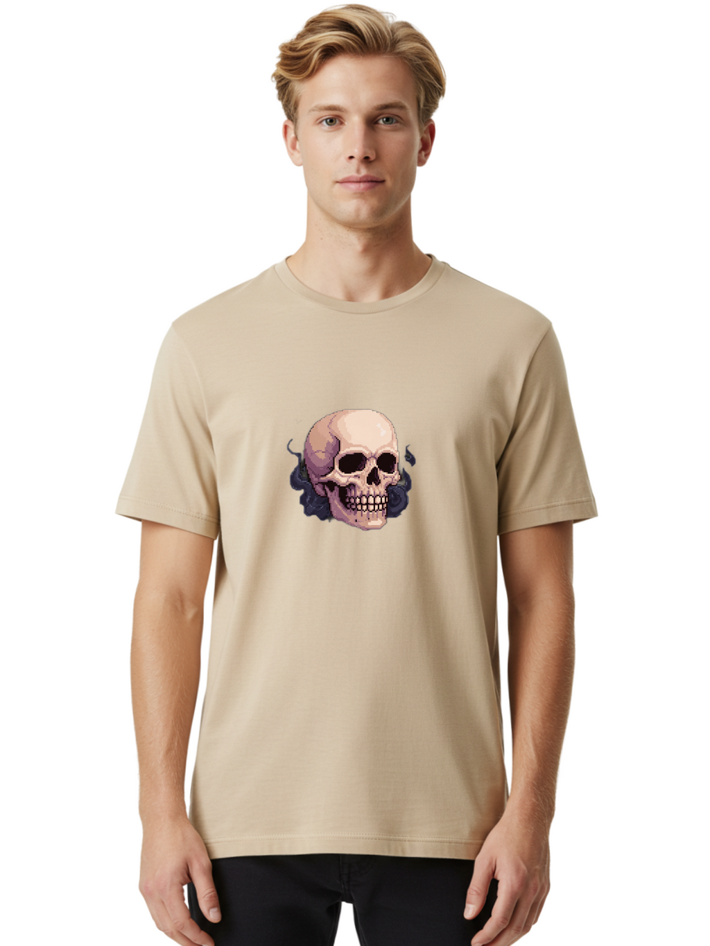Skull-With-Tentacles Men'S Graphic Tee, 100% Cotton, Comfortable Casual Summer Wear, Machine Washable, Pixel Art Skull, Human Skull, Smoke Effects, Dark Magic, Mysterious, Gothic Style, Spooky Atmosphere, Eerie, Halloween Theme Bad621