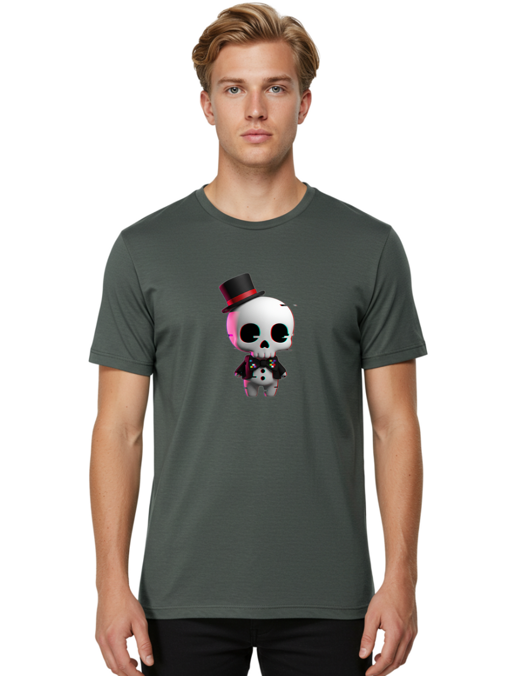 Skull-With-Top-Hat-And-Bow-Tie-1 Men'S Graphic Tee, 100% Cotton, Comfortable Casual Summer Wear, Machine Washable, 3D Rendered Skull, Top Hat And Bow Tie, Gothic Style, Digital Art, Skeleton Character, Colorful Bow Tie, Black Hat, Spooky Chic, Bad623