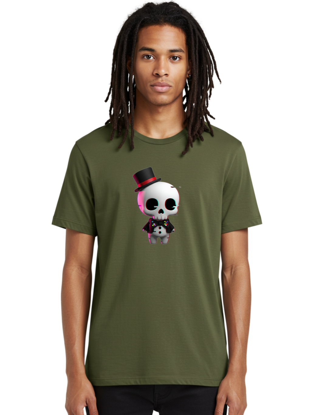 Skull-With-Top-Hat-And-Bow-Tie-1 Men'S Graphic Tee, 100% Cotton, Comfortable Casual Summer Wear, Machine Washable, 3D Rendered Skull, Top Hat And Bow Tie, Gothic Style, Digital Art, Skeleton Character, Colorful Bow Tie, Black Hat, Spooky Chic, Bad623