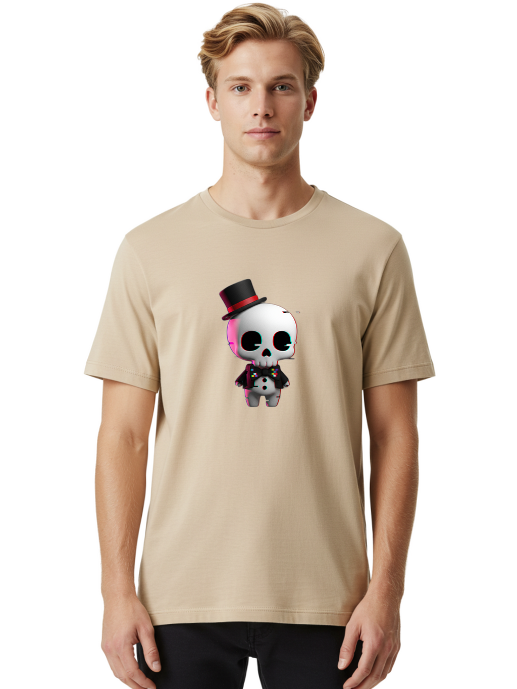 Skull-With-Top-Hat-And-Bow-Tie-1 Men'S Graphic Tee, 100% Cotton, Comfortable Casual Summer Wear, Machine Washable, 3D Rendered Skull, Top Hat And Bow Tie, Gothic Style, Digital Art, Skeleton Character, Colorful Bow Tie, Black Hat, Spooky Chic, Bad623