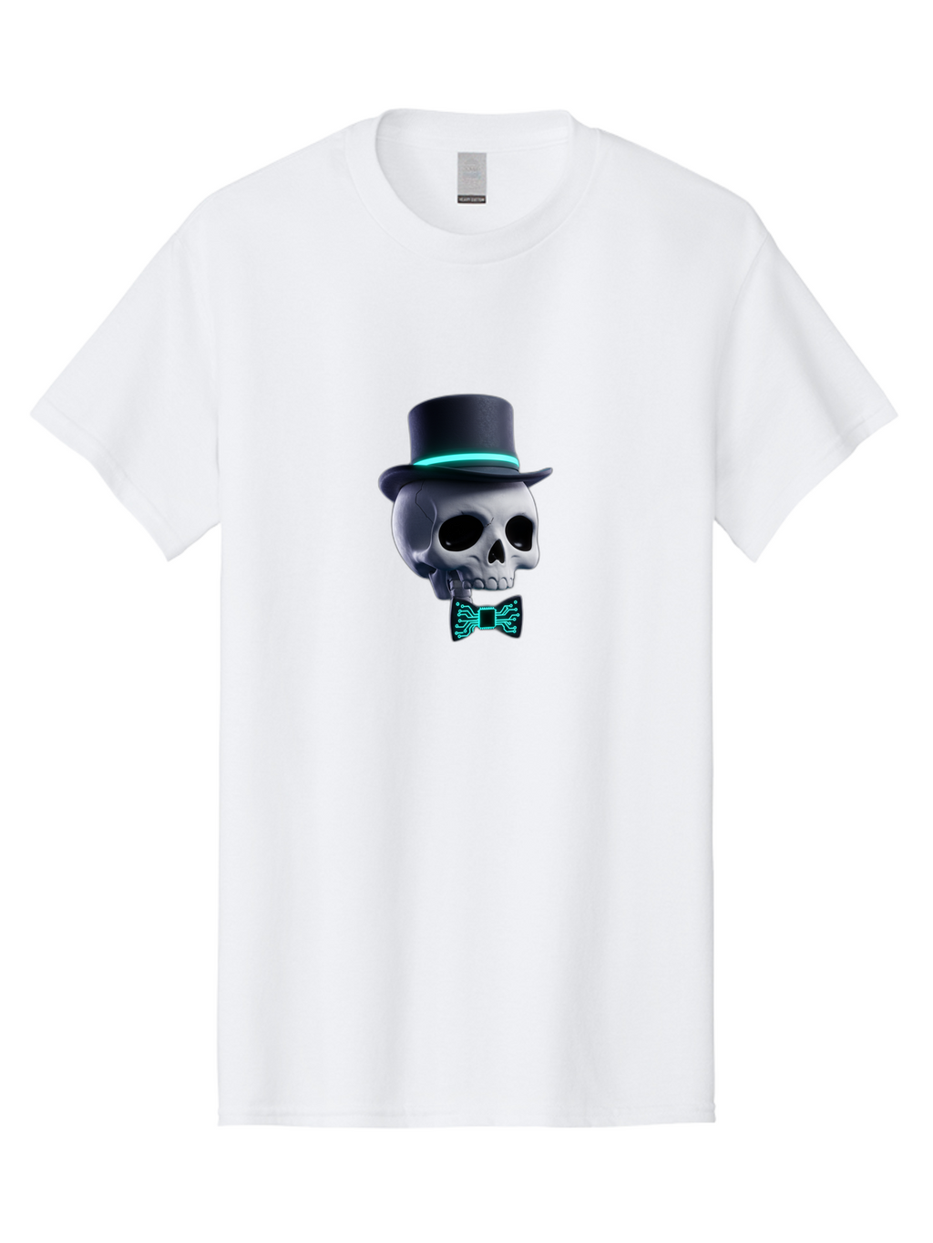 Skull-With-Top-Hat-And-Bow-Tie-2 Men'S Graphic Tee, 100% Cotton, Comfortable Casual Summer Wear, Machine Washable, Skull With Top Hat, Cyberpunk Style, Futuristic, Circuit Board, Bow Tie, Glowing Neon, Tech-Inspired Art, Gothic Chic, Bad624