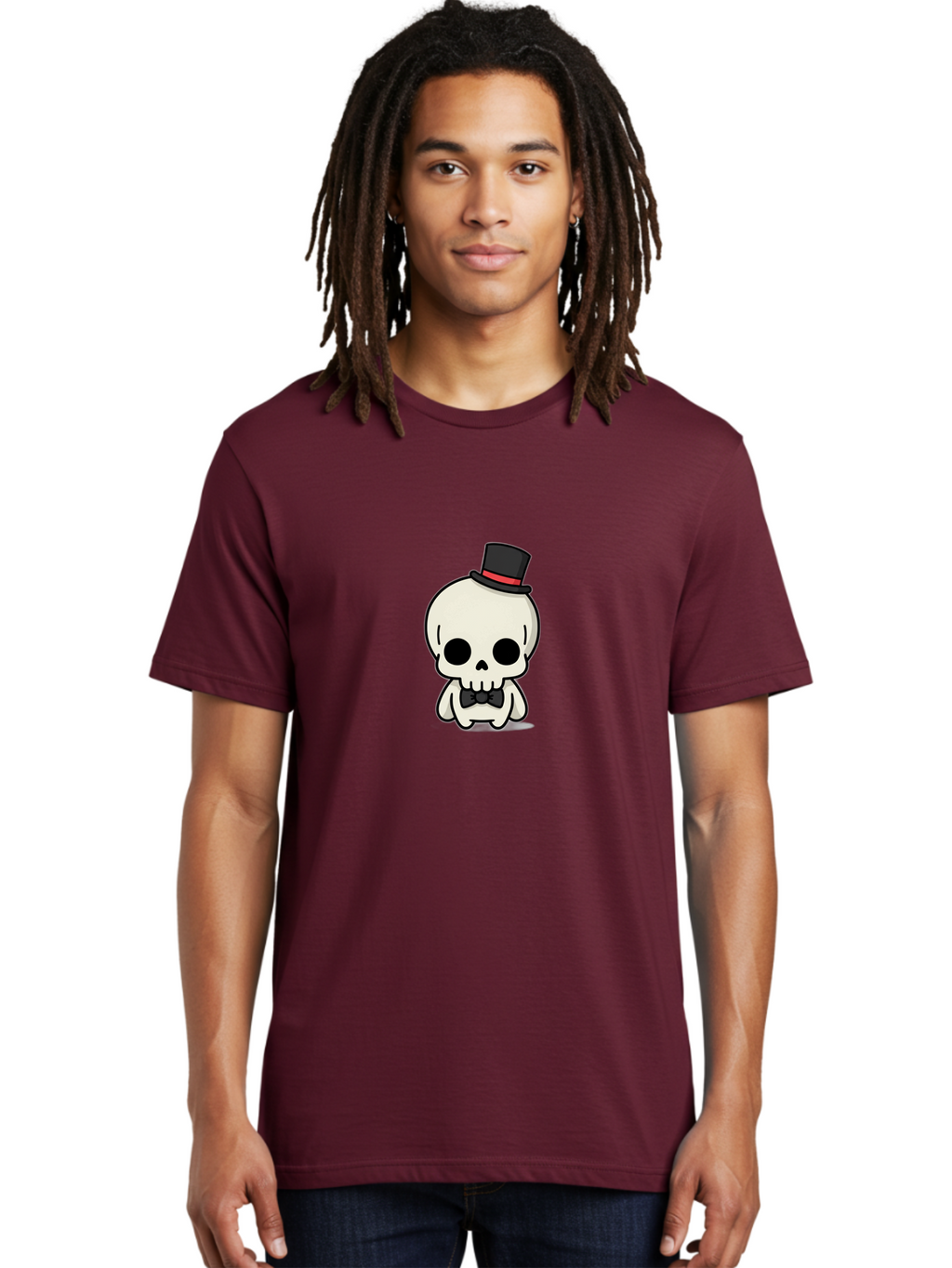 Skull-With-Top-Hat-And-Bow-Tie Men'S Graphic Tee, 100% Cotton, Comfortable Casual Summer Wear, Machine Washable, Cartoon Skull, Top Hat, Black Bow Tie, Skeleton Character, Spooky Charm, Gothic Style, Red Ribbon, Cute Skeleton, Bad625