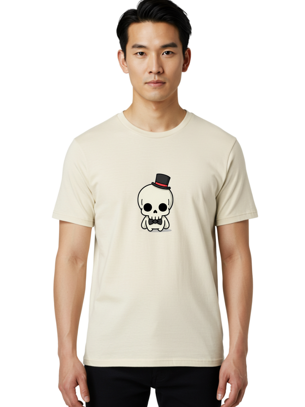 Skull-With-Top-Hat-And-Bow-Tie Men'S Graphic Tee, 100% Cotton, Comfortable Casual Summer Wear, Machine Washable, Cartoon Skull, Top Hat, Black Bow Tie, Skeleton Character, Spooky Charm, Gothic Style, Red Ribbon, Cute Skeleton, Bad625