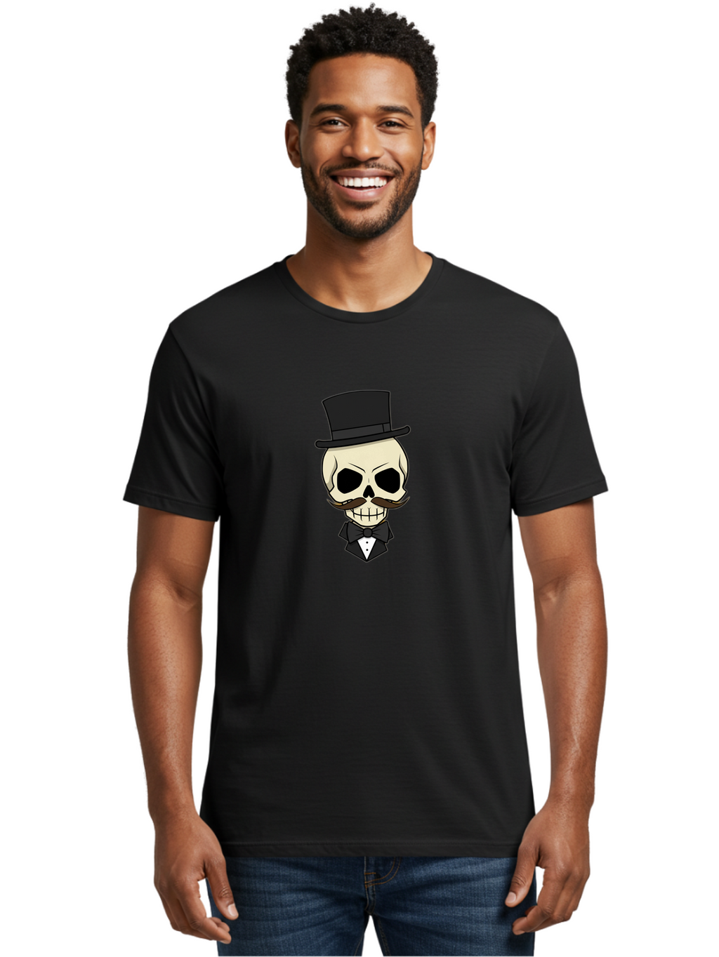 Skull-With-Top-Hat Men'S Graphic Tee, 100% Cotton, Comfortable Casual Summer Wear, Machine Washable, Human Skull With Hat And Mustache, Formal Attire, Bow Tie, Tuxedo, Gentlemanly Appearance, Refined Features, Elegant Design, Quirky Character Bad626