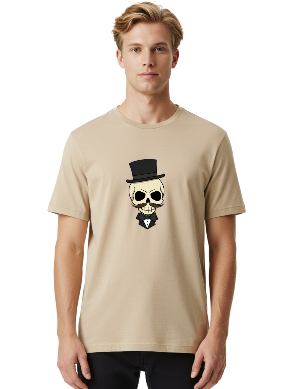 Skull-With-Top-Hat Men'S Graphic Tee, 100% Cotton, Comfortable Casual Summer Wear, Machine Washable, Human Skull With Hat And Mustache, Formal Attire, Bow Tie, Tuxedo, Gentlemanly Appearance, Refined Features, Elegant Design, Quirky Character Bad626