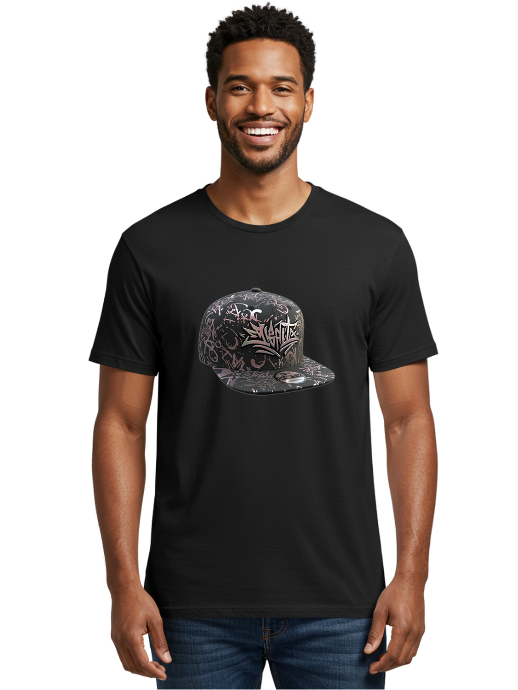 Slanted-Graffiti Men'S Graphic Tee, 100% Cotton, Comfortable Casual Summer Wear, Machine Washable, Black Baseball Cap, Graffiti Design, Streetwear Fashion, Urban Style, Snaghtz Logo, Casual Wear, Trendy Accessories, 47 Brand Label Bad628