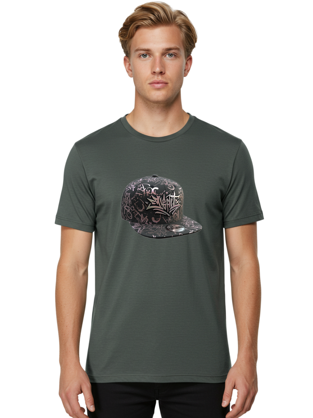 Slanted-Graffiti Men'S Graphic Tee, 100% Cotton, Comfortable Casual Summer Wear, Machine Washable, Black Baseball Cap, Graffiti Design, Streetwear Fashion, Urban Style, Snaghtz Logo, Casual Wear, Trendy Accessories, 47 Brand Label Bad628