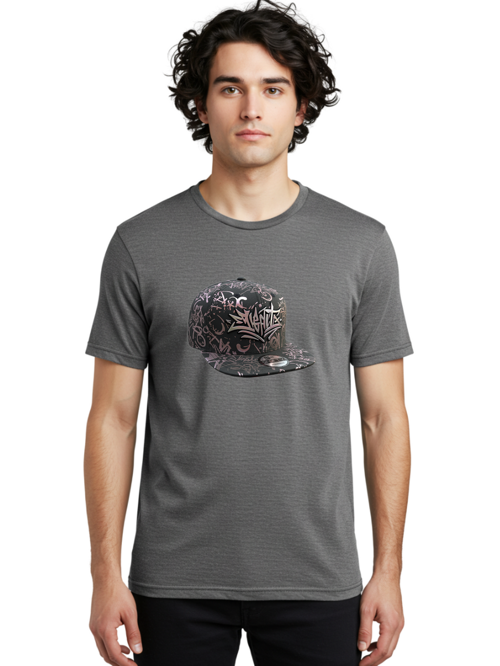 Slanted-Graffiti Men'S Graphic Tee, 100% Cotton, Comfortable Casual Summer Wear, Machine Washable, Black Baseball Cap, Graffiti Design, Streetwear Fashion, Urban Style, Snaghtz Logo, Casual Wear, Trendy Accessories, 47 Brand Label Bad628
