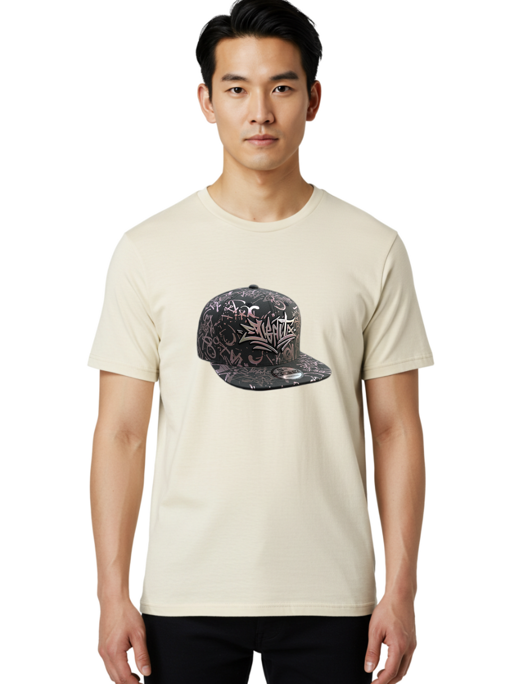 Slanted-Graffiti Men'S Graphic Tee, 100% Cotton, Comfortable Casual Summer Wear, Machine Washable, Black Baseball Cap, Graffiti Design, Streetwear Fashion, Urban Style, Snaghtz Logo, Casual Wear, Trendy Accessories, 47 Brand Label Bad628