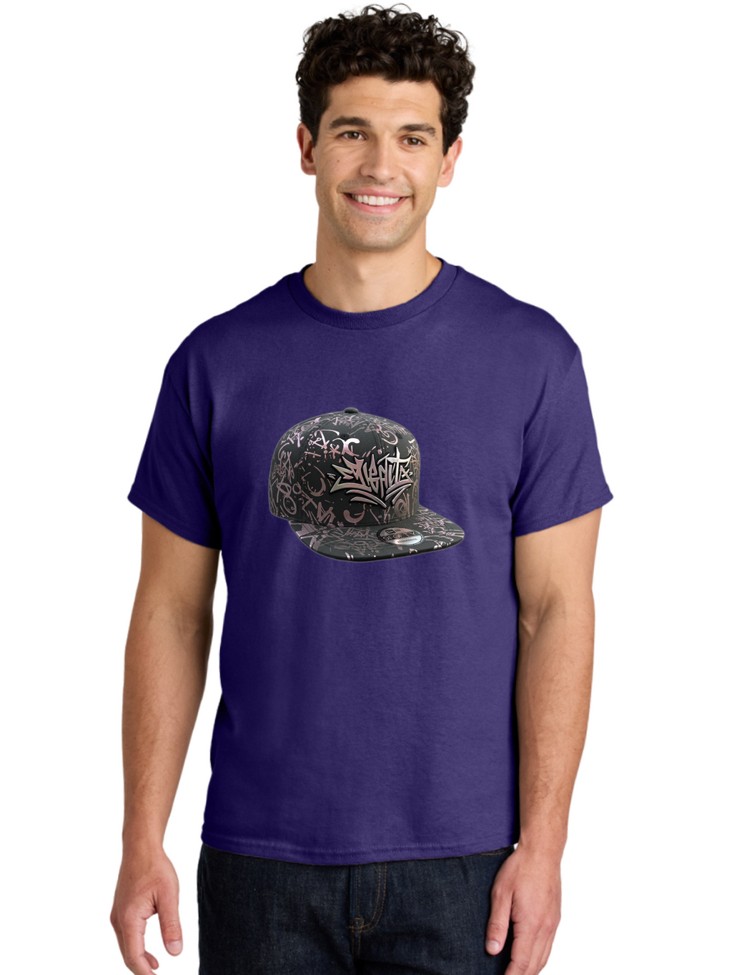 Slanted-Graffiti Men'S Graphic Tee, 100% Cotton, Comfortable Casual Summer Wear, Machine Washable, Black Baseball Cap, Graffiti Design, Streetwear Fashion, Urban Style, Snaghtz Logo, Casual Wear, Trendy Accessories, 47 Brand Label Bad628