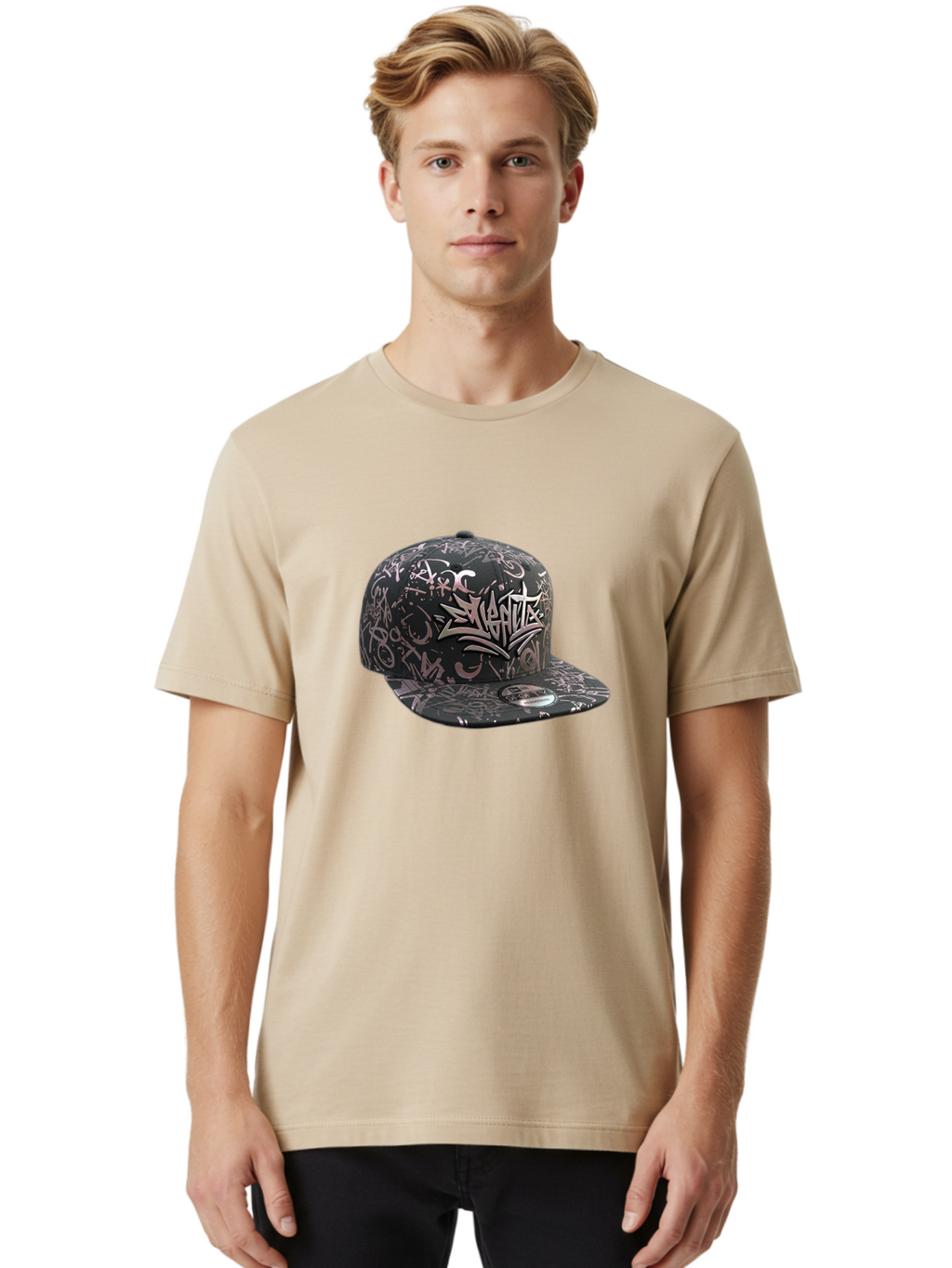 Slanted-Graffiti Men'S Graphic Tee, 100% Cotton, Comfortable Casual Summer Wear, Machine Washable, Black Baseball Cap, Graffiti Design, Streetwear Fashion, Urban Style, Snaghtz Logo, Casual Wear, Trendy Accessories, 47 Brand Label Bad628