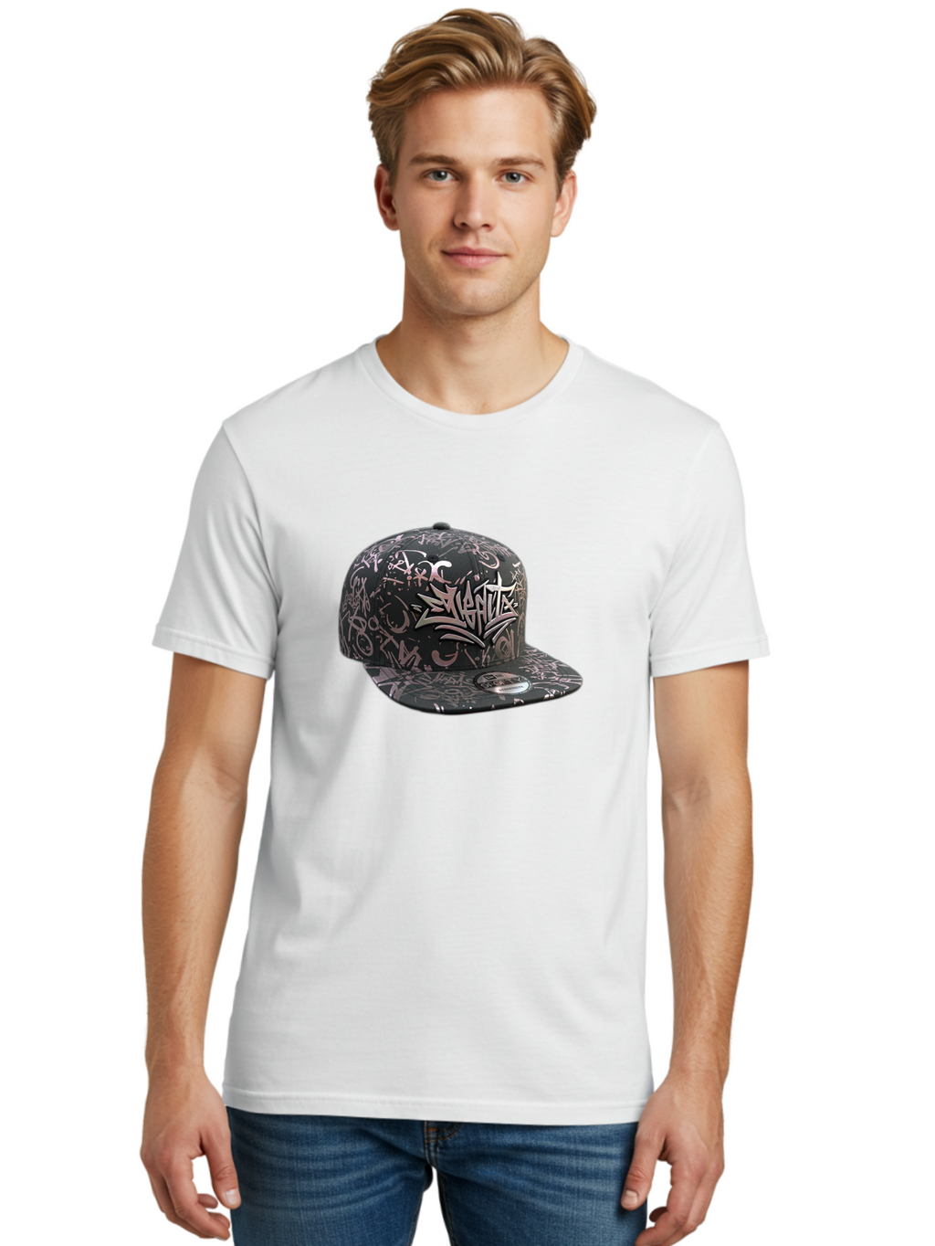 Slanted-Graffiti Men'S Graphic Tee, 100% Cotton, Comfortable Casual Summer Wear, Machine Washable, Black Baseball Cap, Graffiti Design, Streetwear Fashion, Urban Style, Snaghtz Logo, Casual Wear, Trendy Accessories, 47 Brand Label Bad628