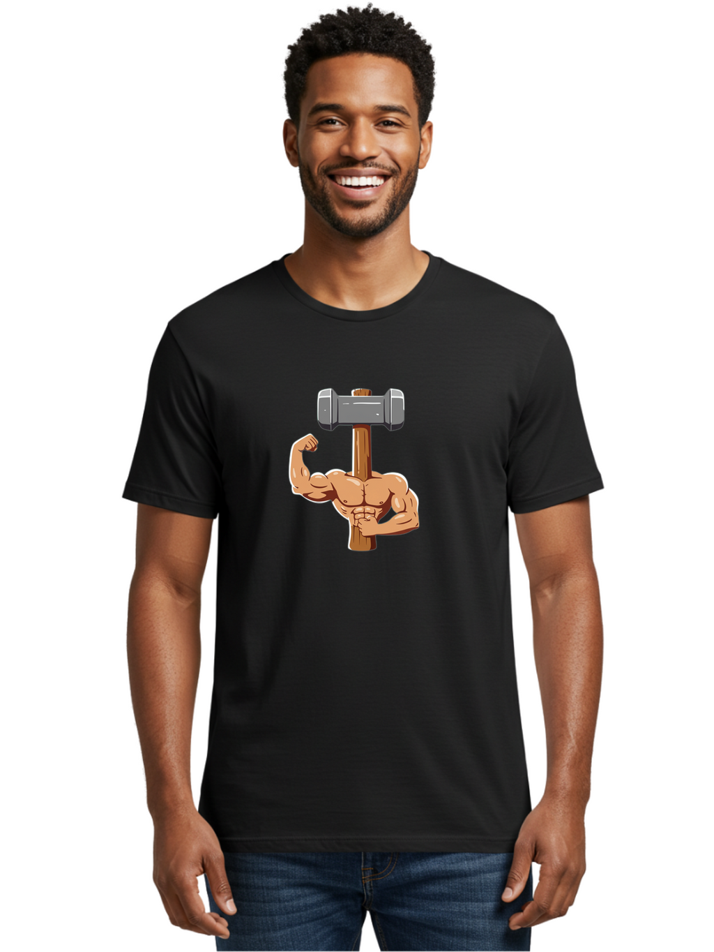 Sledge-Hammer-Arm Men'S Graphic Tee, 100% Cotton, Comfortable Casual Summer Wear, Machine Washable, Strong Arm, Flexed Bicep, Muscular Physique, Sledgehammer, Power Symbol, Strength Training, Fitness, Cartoon Illustration, Bodybuilding Bad629