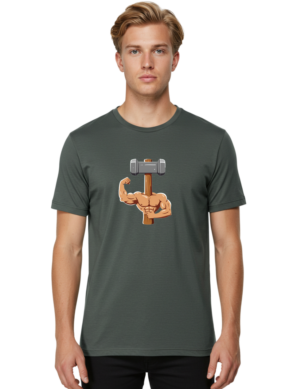 Sledge-Hammer-Arm Men'S Graphic Tee, 100% Cotton, Comfortable Casual Summer Wear, Machine Washable, Strong Arm, Flexed Bicep, Muscular Physique, Sledgehammer, Power Symbol, Strength Training, Fitness, Cartoon Illustration, Bodybuilding Bad629
