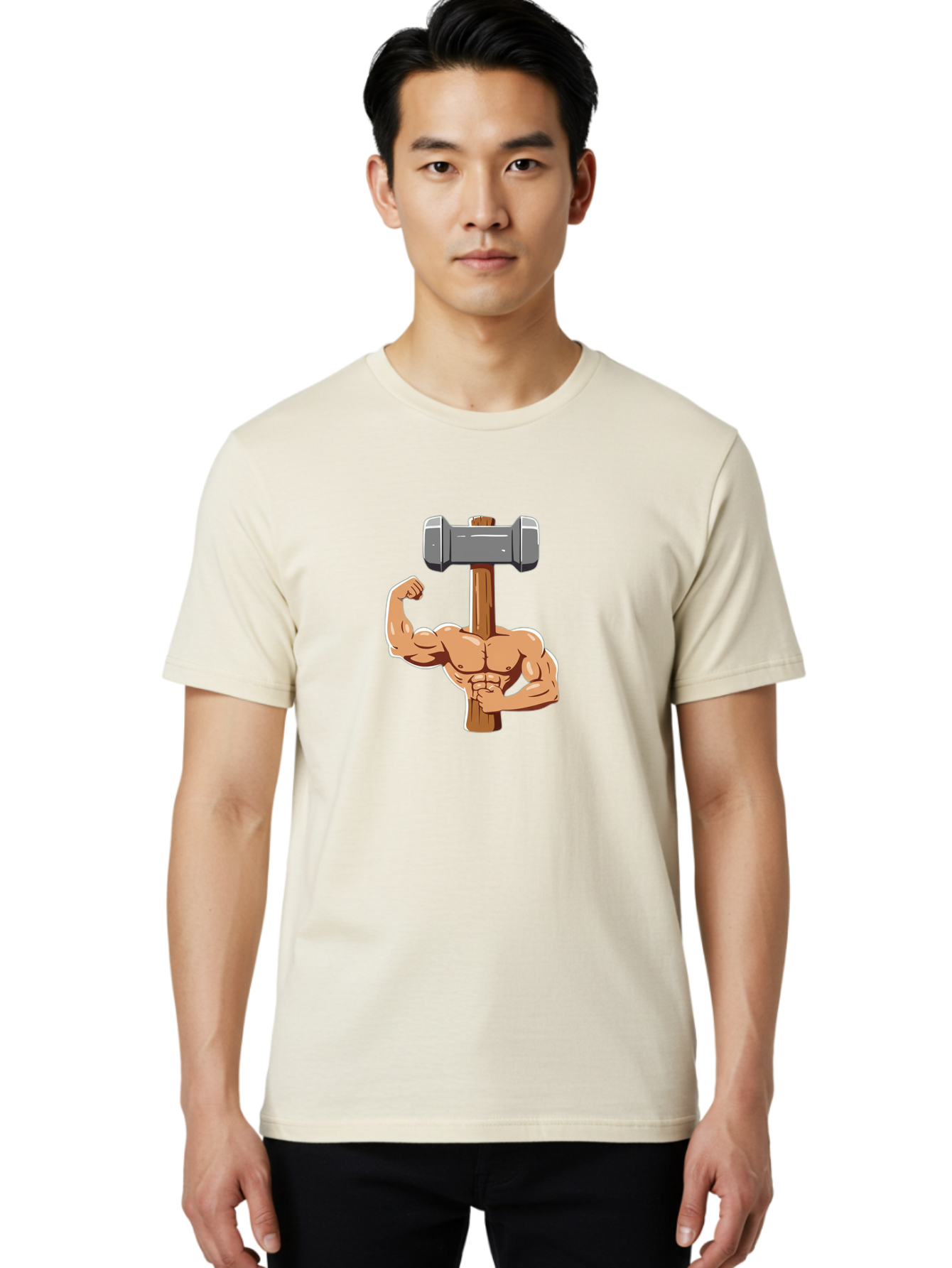 Sledge-Hammer-Arm Men'S Graphic Tee, 100% Cotton, Comfortable Casual Summer Wear, Machine Washable, Strong Arm, Flexed Bicep, Muscular Physique, Sledgehammer, Power Symbol, Strength Training, Fitness, Cartoon Illustration, Bodybuilding Bad629