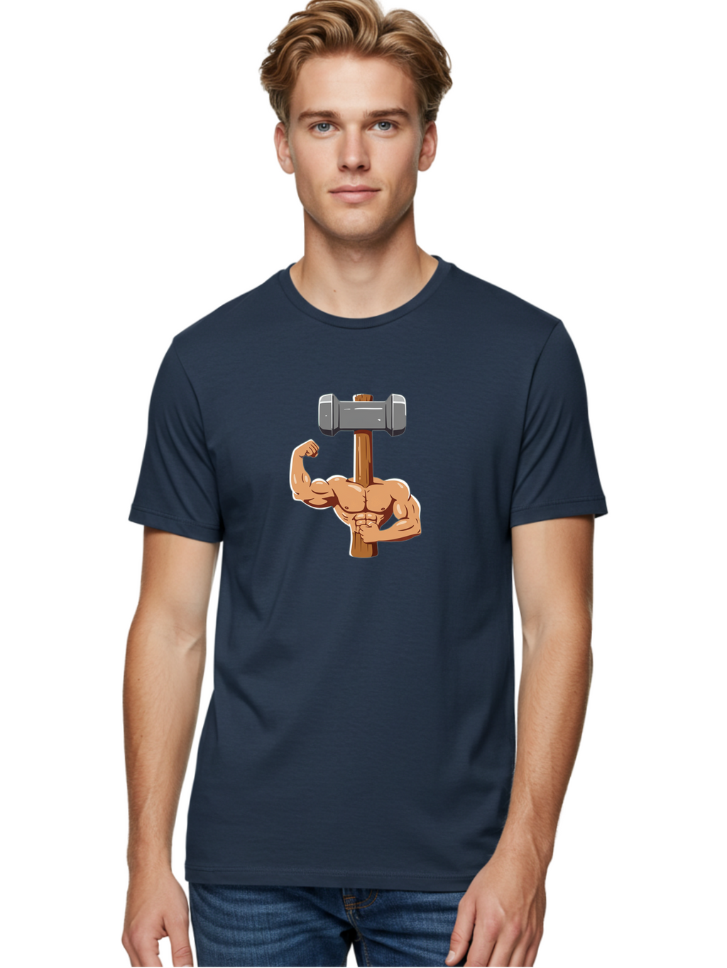 Sledge-Hammer-Arm Men'S Graphic Tee, 100% Cotton, Comfortable Casual Summer Wear, Machine Washable, Strong Arm, Flexed Bicep, Muscular Physique, Sledgehammer, Power Symbol, Strength Training, Fitness, Cartoon Illustration, Bodybuilding Bad629