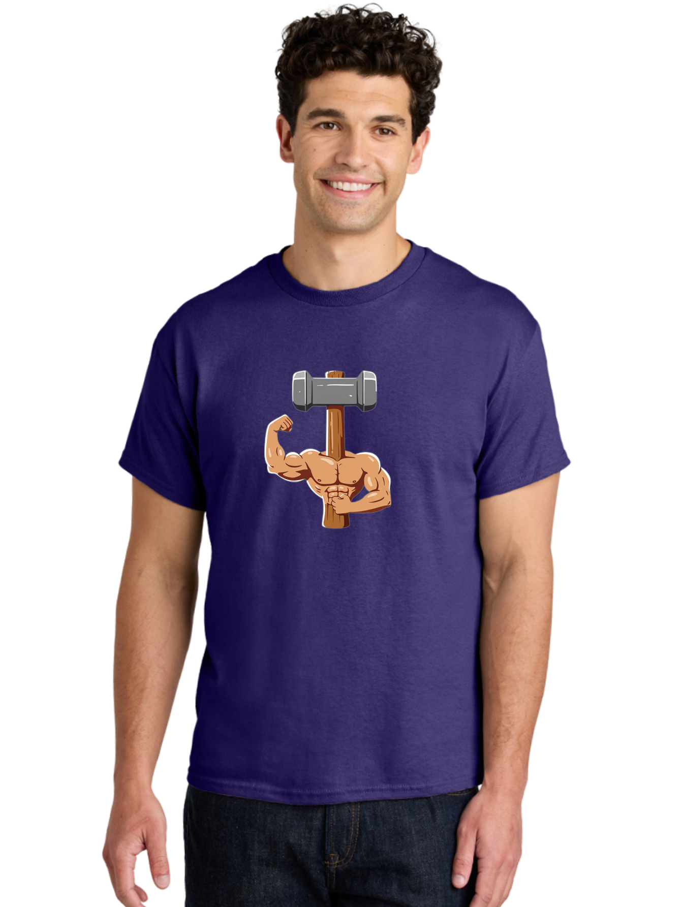 Sledge-Hammer-Arm Men'S Graphic Tee, 100% Cotton, Comfortable Casual Summer Wear, Machine Washable, Strong Arm, Flexed Bicep, Muscular Physique, Sledgehammer, Power Symbol, Strength Training, Fitness, Cartoon Illustration, Bodybuilding Bad629