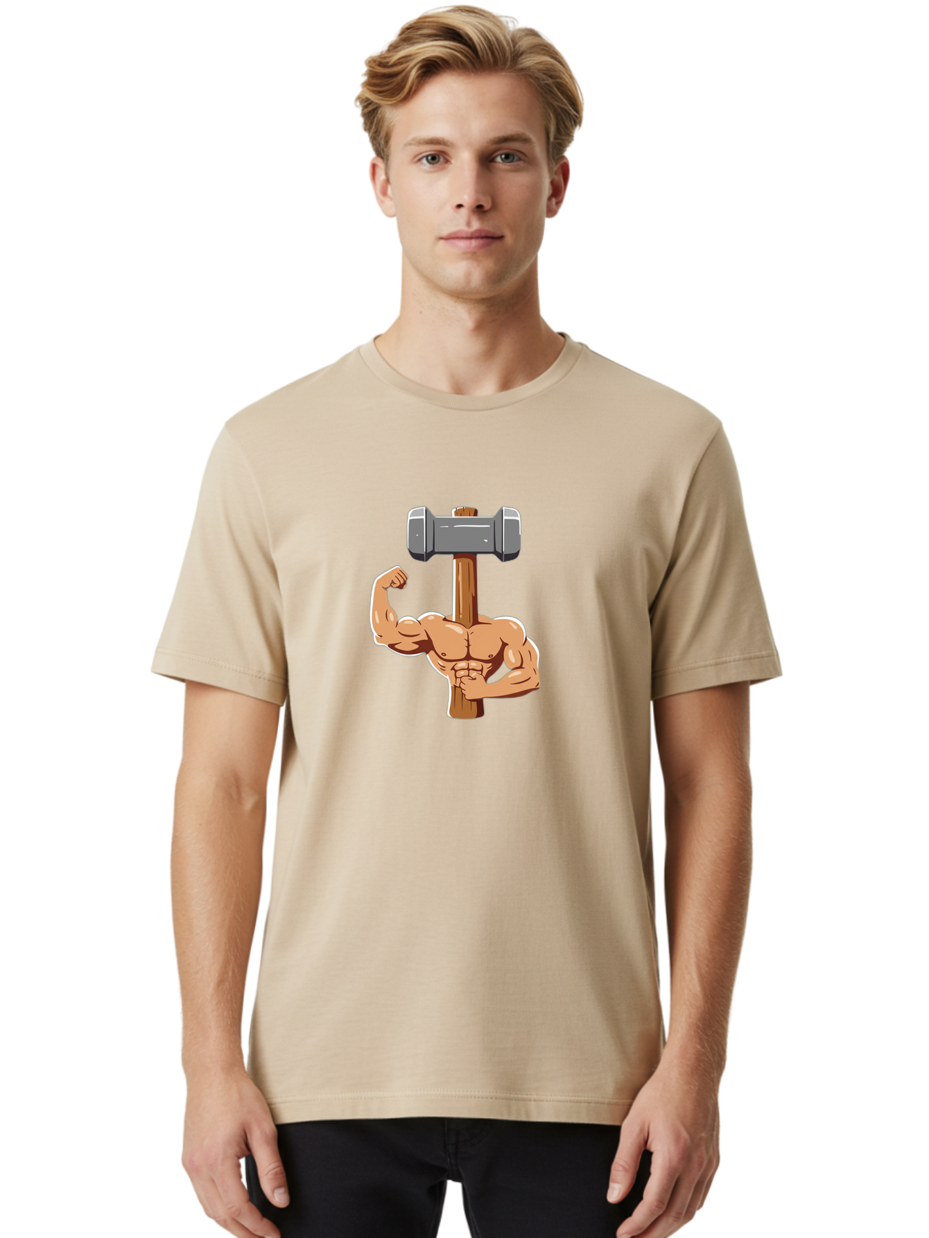 Sledge-Hammer-Arm Men'S Graphic Tee, 100% Cotton, Comfortable Casual Summer Wear, Machine Washable, Strong Arm, Flexed Bicep, Muscular Physique, Sledgehammer, Power Symbol, Strength Training, Fitness, Cartoon Illustration, Bodybuilding Bad629