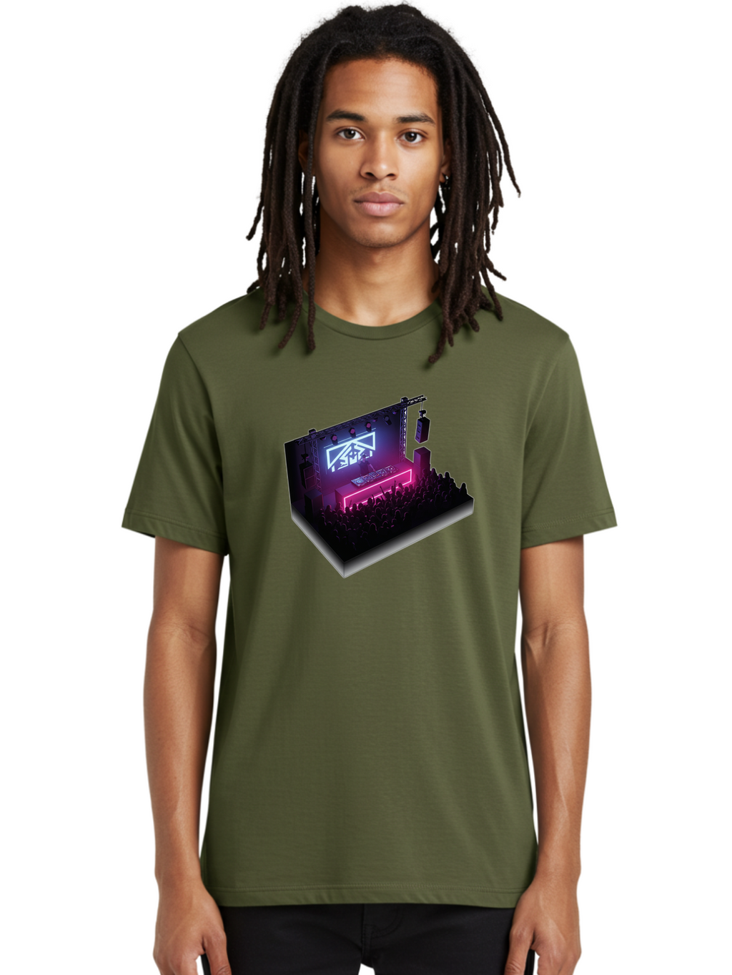 Smb-Stage Men'S Graphic Tee, 100% Cotton, Comfortable Casual Summer Wear, Machine Washable, Dj On Stage, Electronic Dance Music, 3D Graphic Design, Rave Party, Nightclub Atmosphere, Neon Lights, Futuristic Feel, Crowd Dancing, Concert Setup, Bad630