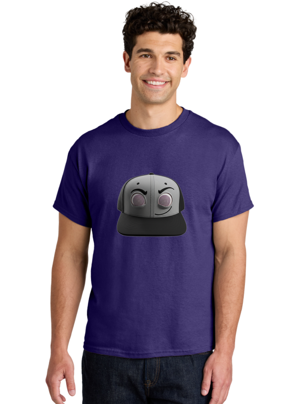 Smile-Baseball-Cap Men'S Graphic Tee, 100% Cotton, Comfortable Casual Summer Wear, Machine Washable, Baseball Cap, Face Design, Spiral Eyes, Smiling Face, Black And Grey, Unique Accessory, Fashion Statement, Streetwear Style Bad631