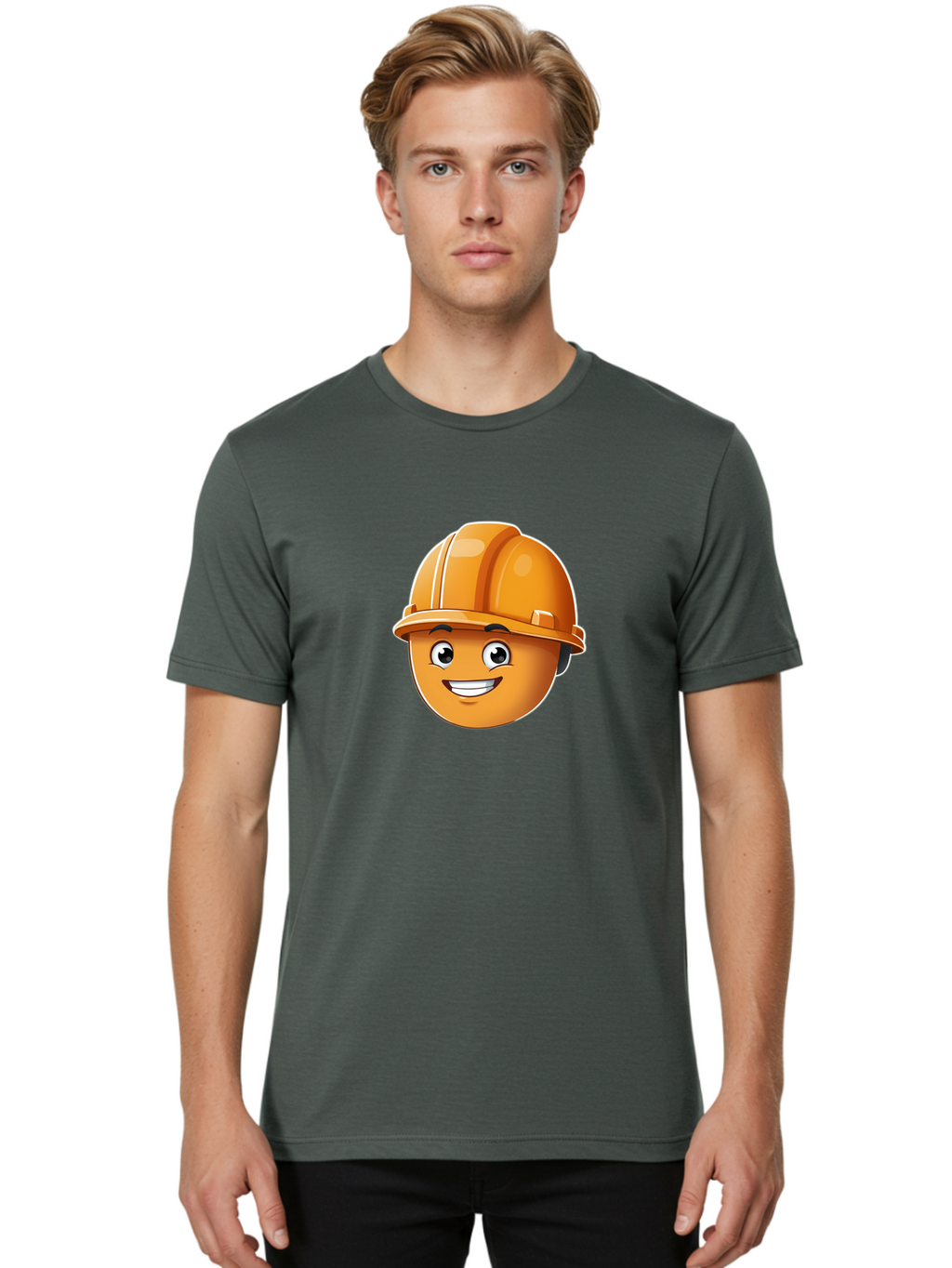 Smiley-Hardhat-Emoji Men'S Graphic Tee, 100% Cotton, Comfortable Casual Summer Wear, Machine Washable, Smiling Face, Hard Hat, Construction Worker, Cartoon Character, Safety Gear, Happy Expression, Orange Hardhat, 3D Illustration, Bad632