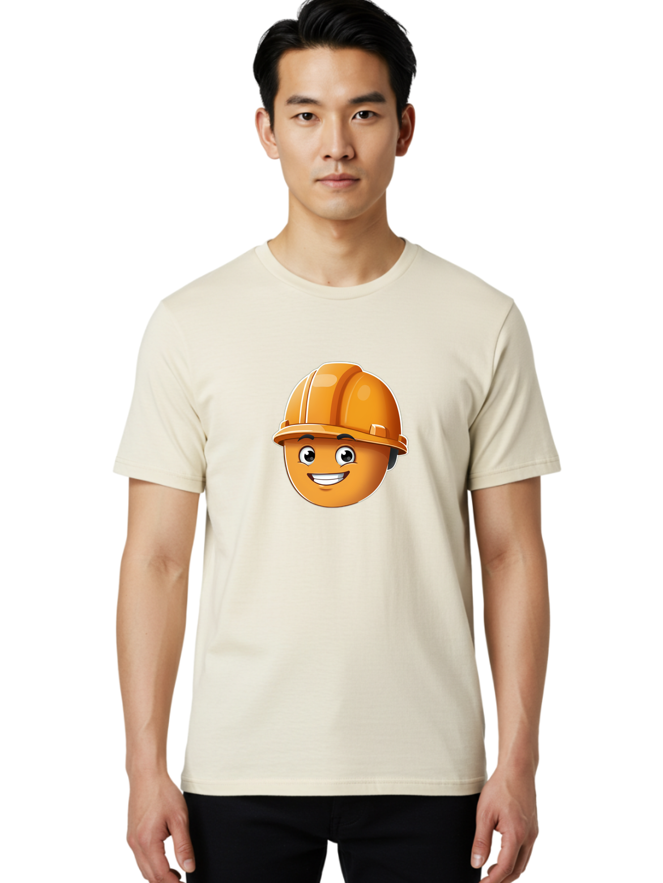 Smiley-Hardhat-Emoji Men'S Graphic Tee, 100% Cotton, Comfortable Casual Summer Wear, Machine Washable, Smiling Face, Hard Hat, Construction Worker, Cartoon Character, Safety Gear, Happy Expression, Orange Hardhat, 3D Illustration, Bad632