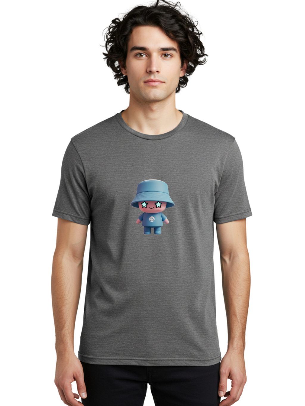 Smiley-Star-Eyes-Doll Men'S Graphic Tee, 100% Cotton, Comfortable Casual Summer Wear, Machine Washable, Kawaii Toy, Cartoon Character, Smiley Face, Bucket Hat, Blue Outfit, Star Eyes, Cute Doll, Figurine, Playful Design, Fun Toy, Smiling Face Bad633