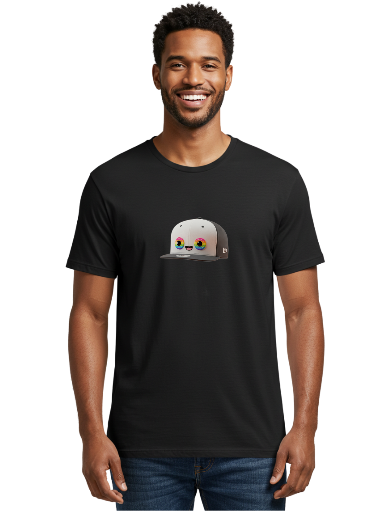 Smiling-Baseball-Cap Men'S Graphic Tee, 100% Cotton, Comfortable Casual Summer Wear, Machine Washable, Baseball Cap, Cartoon Eyes, Bright Colors, New Era Logo, Funny Face, Smiling Hat, Animated Character, Rainbow Eyes, Casual Wear, Bad635