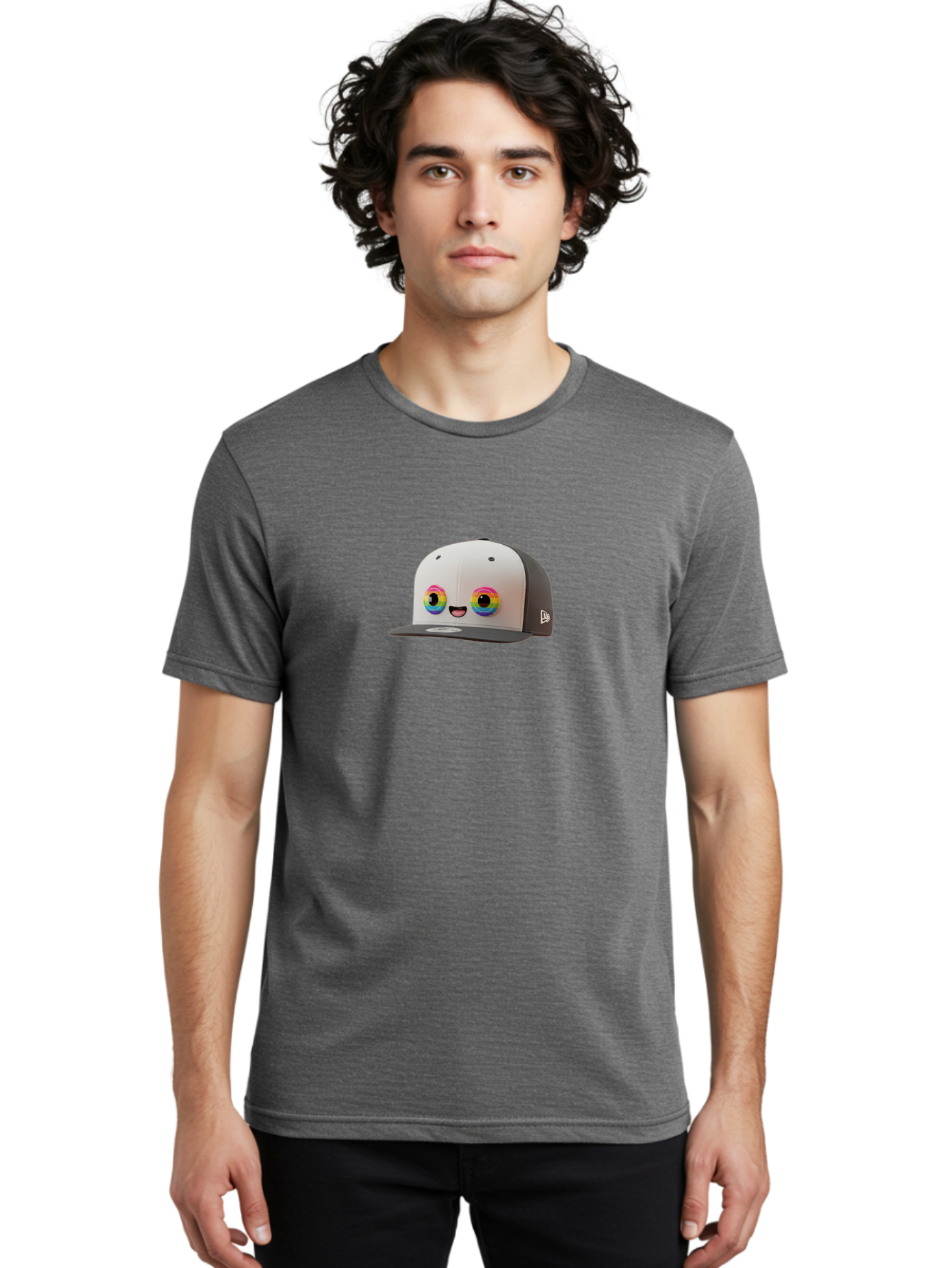 Smiling-Baseball-Cap Men'S Graphic Tee, 100% Cotton, Comfortable Casual Summer Wear, Machine Washable, Baseball Cap, Cartoon Eyes, Bright Colors, New Era Logo, Funny Face, Smiling Hat, Animated Character, Rainbow Eyes, Casual Wear, Bad635