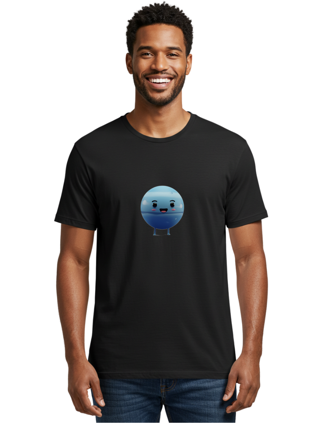 Smiling-Earth Men'S Graphic Tee, 100% Cotton, Comfortable Casual Summer Wear, Machine Washable, Water Droplet Character, Cute Cartoon Illustration, Blue Water Droplet, Happy Face, Rosy Cheeks, Funny Animation, Playful Vibe, Smiling Water Drop Bad637