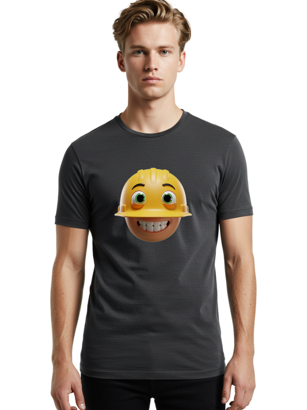 Smiling-Face-With-Hard-Hat Men'S Graphic Tee, 100% Cotton, Comfortable Casual Summer Wear, Machine Washable, Construction Worker, Happy Face, Yellow Hard Hat, Emoji Character, Cartoon Style, Funny Expression, Big Smile, Construction Theme, Bad638