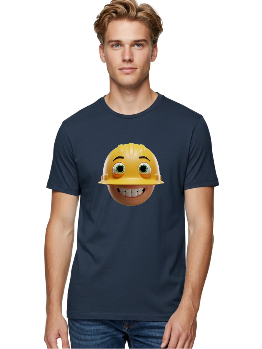 Smiling-Face-With-Hard-Hat Men'S Graphic Tee, 100% Cotton, Comfortable Casual Summer Wear, Machine Washable, Construction Worker, Happy Face, Yellow Hard Hat, Emoji Character, Cartoon Style, Funny Expression, Big Smile, Construction Theme, Bad638