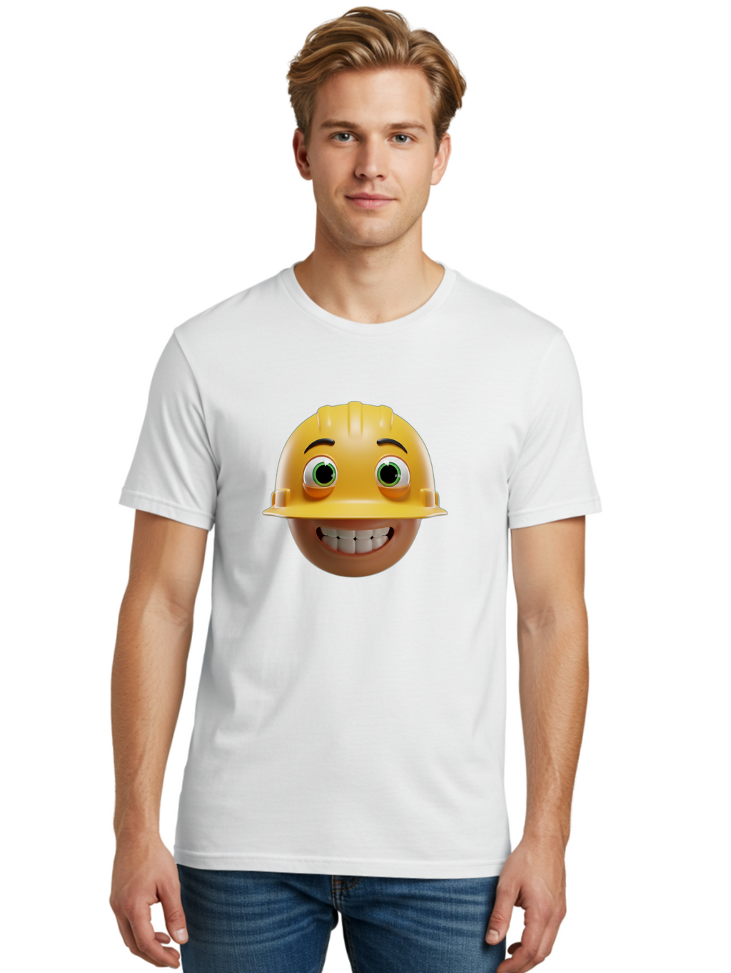 Smiling-Face-With-Hard-Hat Men'S Graphic Tee, 100% Cotton, Comfortable Casual Summer Wear, Machine Washable, Construction Worker, Happy Face, Yellow Hard Hat, Emoji Character, Cartoon Style, Funny Expression, Big Smile, Construction Theme, Bad638