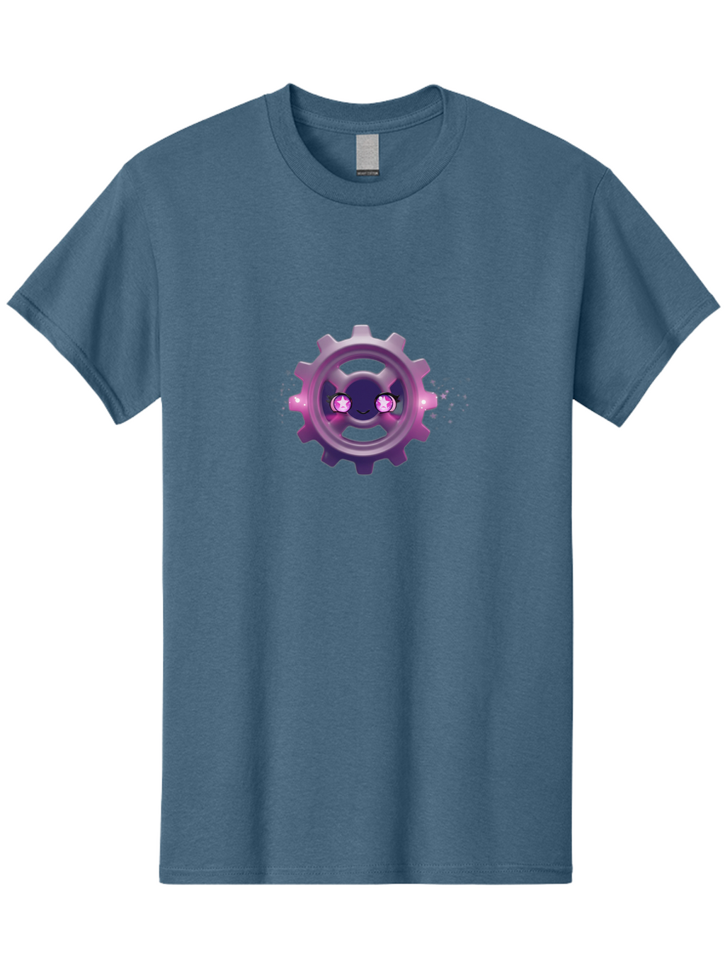 Smiling-Gear-1 Men'S Graphic Tee, 100% Cotton, Comfortable Casual Summer Wear, Machine Washable, Cartoon Gear, Smiling Face, Pink Eyes, Purple Hue, Mechanical Character, Robotic Smile, Whimsical Design, Fantastical Machinery, Bad639