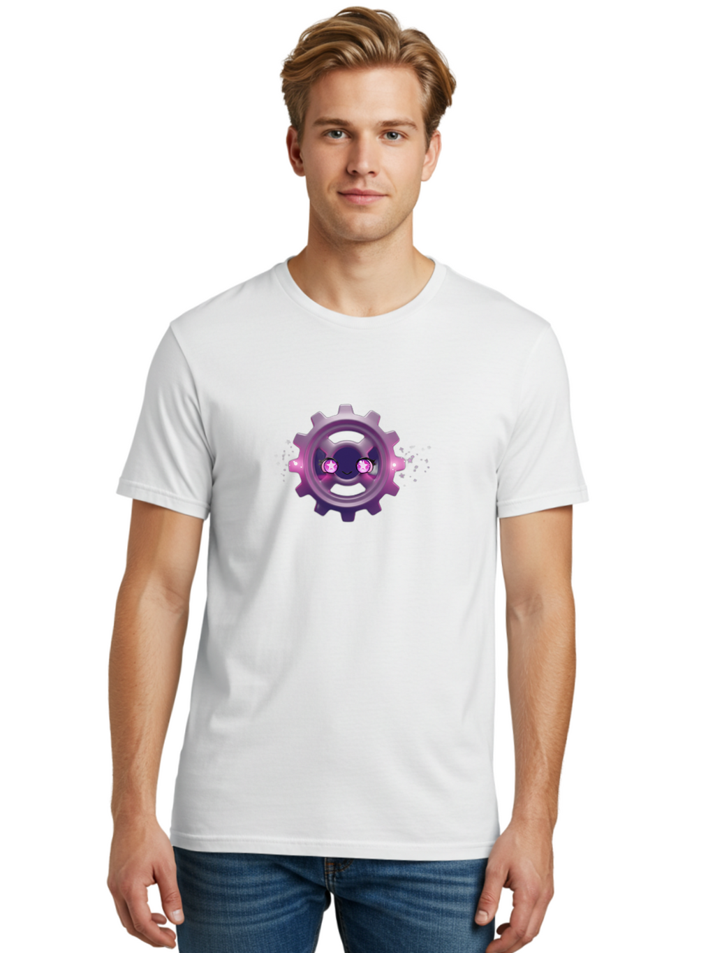 Smiling-Gear-1 Men'S Graphic Tee, 100% Cotton, Comfortable Casual Summer Wear, Machine Washable, Cartoon Gear, Smiling Face, Pink Eyes, Purple Hue, Mechanical Character, Robotic Smile, Whimsical Design, Fantastical Machinery, Bad639