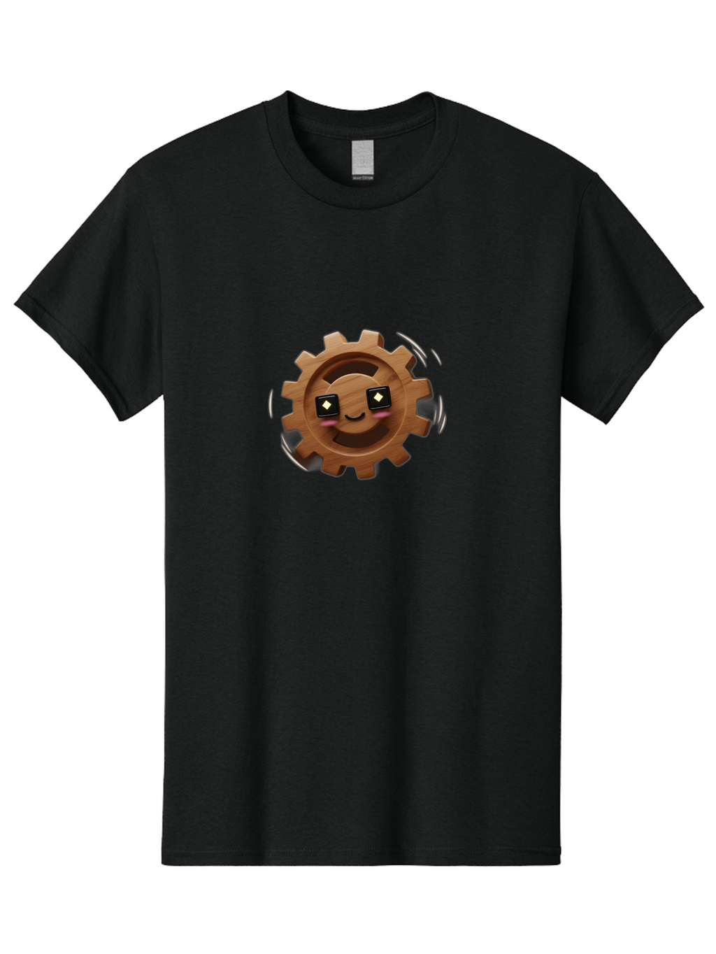 Smiling-Gear Men'S Graphic Tee, 100% Cotton, Comfortable Casual Summer Wear, Machine Washable, Wooden Gear Character, Smiling Face, Diamond Eyes, Dynamic Motion, Cartoon Style, Playful Mechanism, Machinery Personification, Tech-Inspired Art Bad640