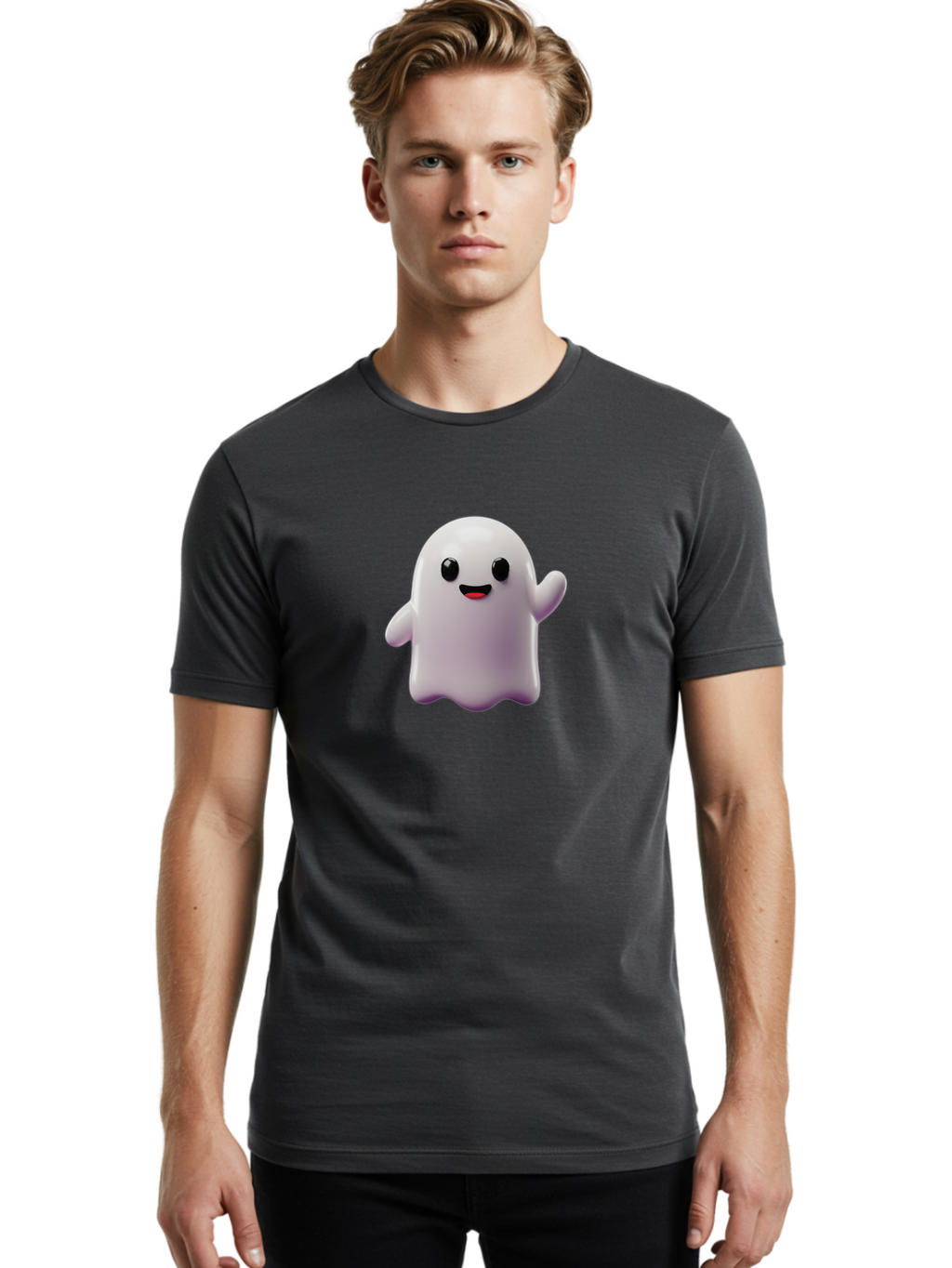 Smiling-Ghost-1 Men'S Graphic Tee, 100% Cotton, Comfortable Casual Summer Wear, Machine Washable, Cartoon Ghost, White Character, Smiling Face, Black Eyes, Little Arms, Cute Emoji, Digital Illustration, Friendly Spirit, 3D Rendering, Bad641