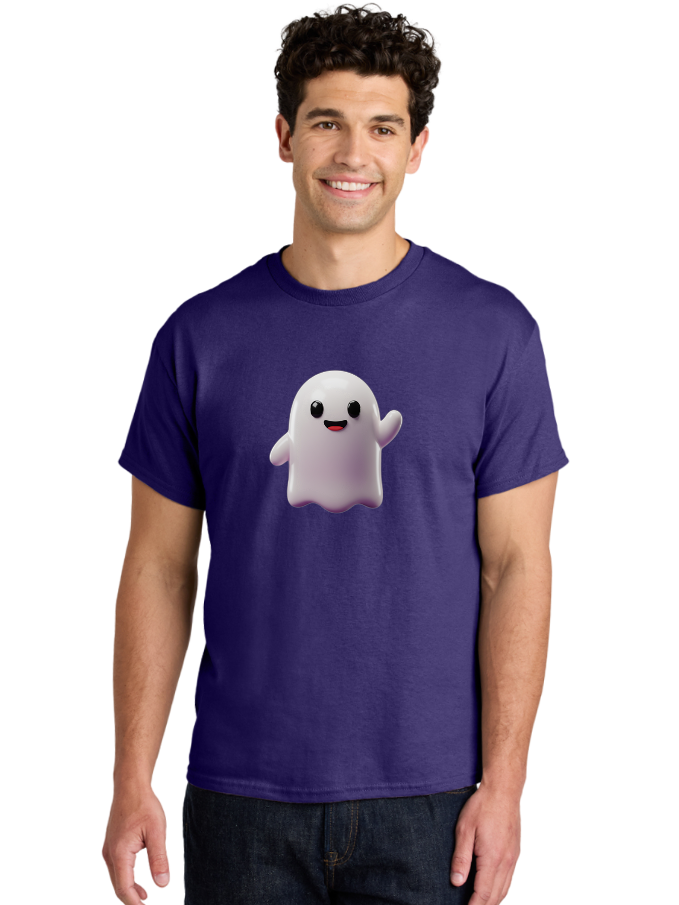 Smiling-Ghost-1 Men'S Graphic Tee, 100% Cotton, Comfortable Casual Summer Wear, Machine Washable, Cartoon Ghost, White Character, Smiling Face, Black Eyes, Little Arms, Cute Emoji, Digital Illustration, Friendly Spirit, 3D Rendering, Bad641