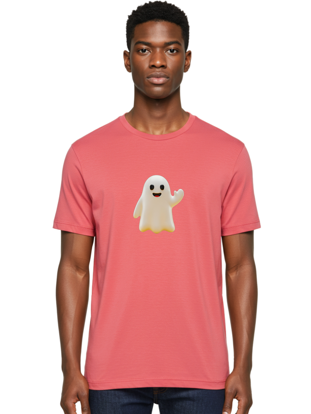 Smiling-Ghost Men'S Graphic Tee, 100% Cotton, Comfortable Casual Summer Wear, Machine Washable, Happy Ghost, Cartoon Ghost, Friendly Spirit, Smiling Face, Waving Ghost, Cartoon Character, Halloween Icon, Ghostly Figure, Cute Ghost Bad642